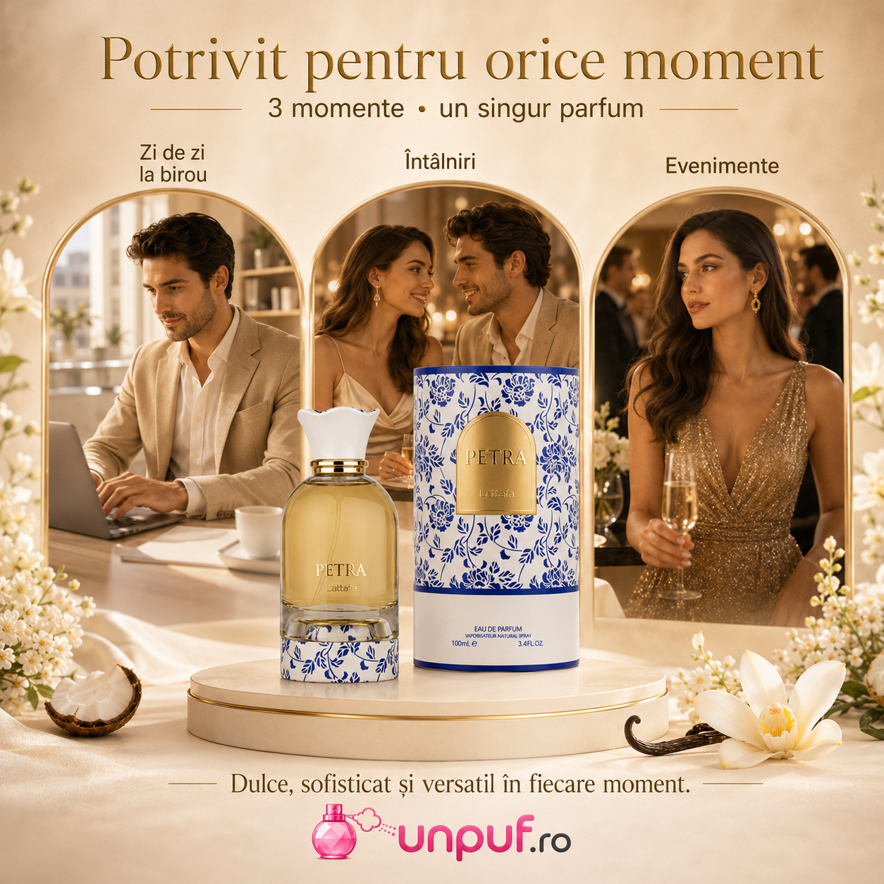 Lattafa Petra note olfactive prună rom tuberoză nucă de cocos vanilie pralină și mosc